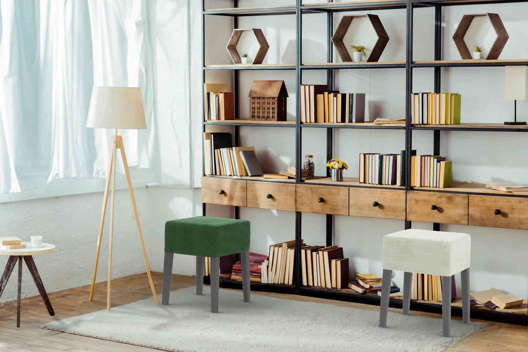 Study room with IKEA Nils sofa in Classic Velvet Forest Green and Performance Weave Stone slipcover