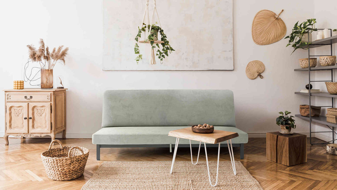 Scandinavian living room with IKEA Nyhamn sofa in Performance Weave Stone slipcover