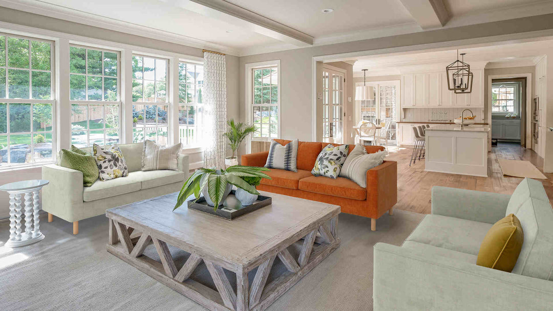 Rustic living room with IKEA Parup sofa in Comfort Chenille Burnt Orange and Performance Weave Stone slipcover