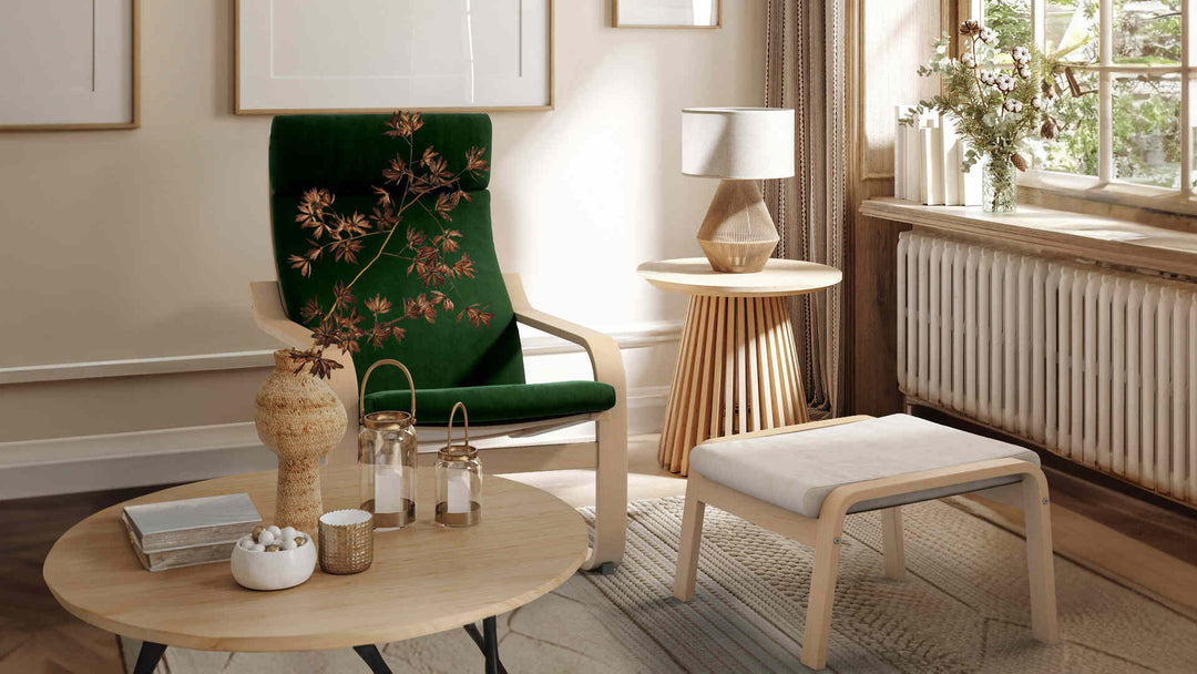 Nordic Minimalist living room with IKEA Poang sofa in Classic Velvet Forest Green and Performance Weave Cream slipcover