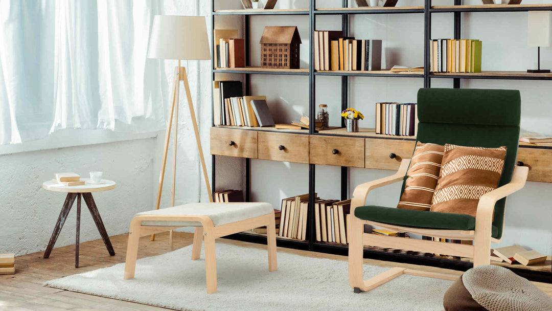 Study room with IKEA Poang sofa in Classic Velvet Forest Green and Performance Weave Stone slipcover