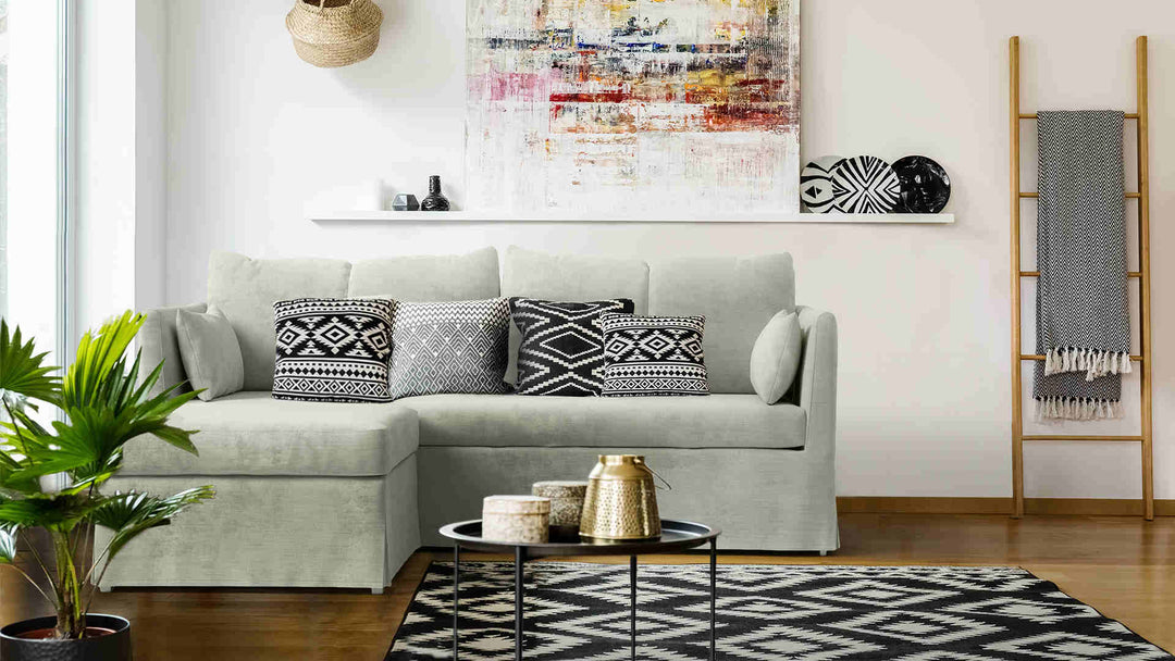 Scandinavian living room with IKEA Sandbacken sofa in Performance Weave Stone slipcover