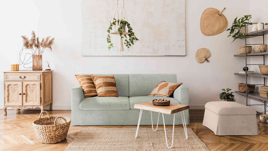 Scandinavian living room with IKEA Sandby sofa in Performance Weave Stone and Performance Weave Cream slipcover