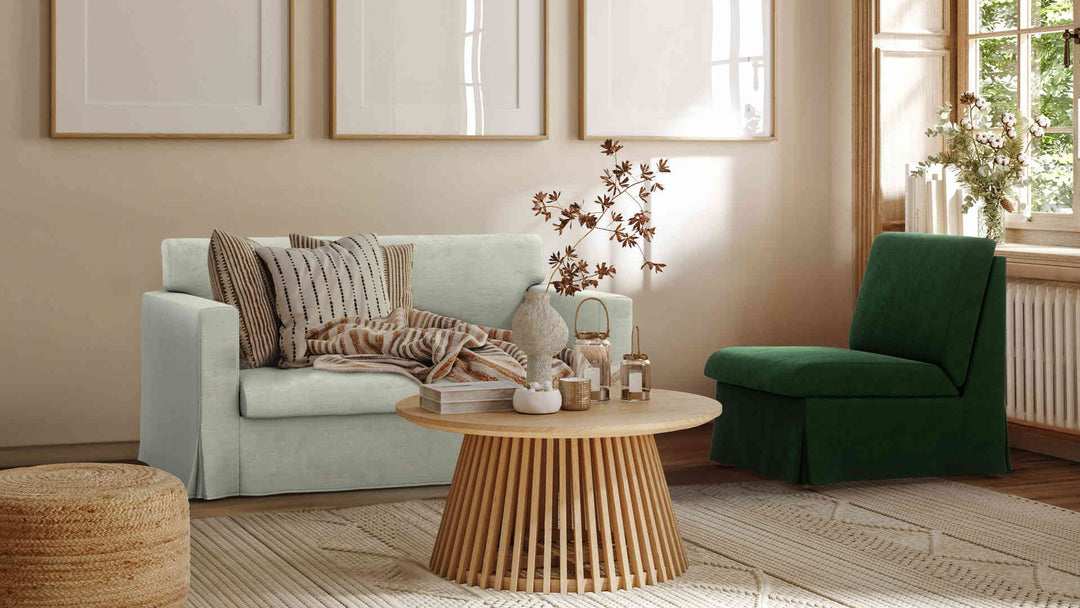 Nordic Minimalist living room with IKEA Sandby sofa in Performance Weave Stone and Classic Velvet Forest Green slipcover