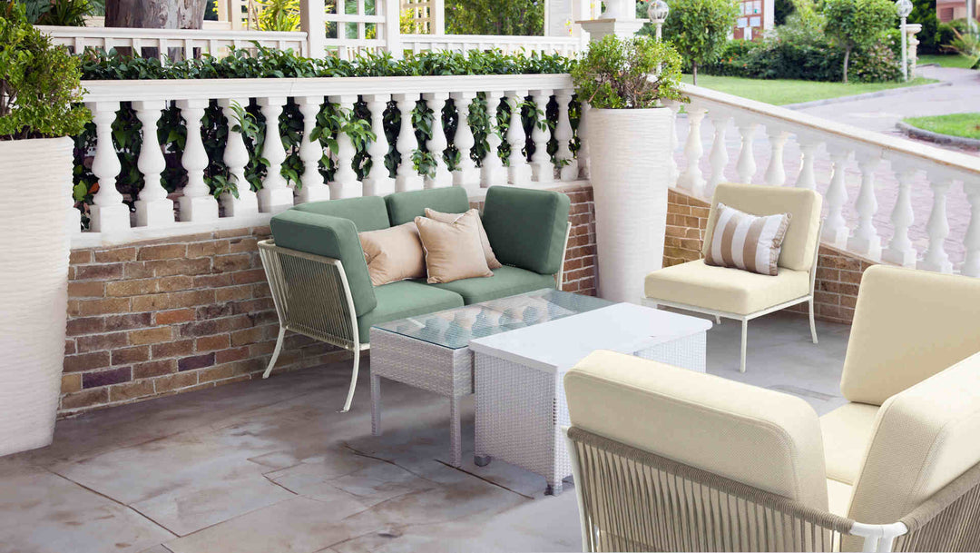 Patio with IKEA Segeron sofa in Performance Tweed Moss and Performance Knit Natural slipcover