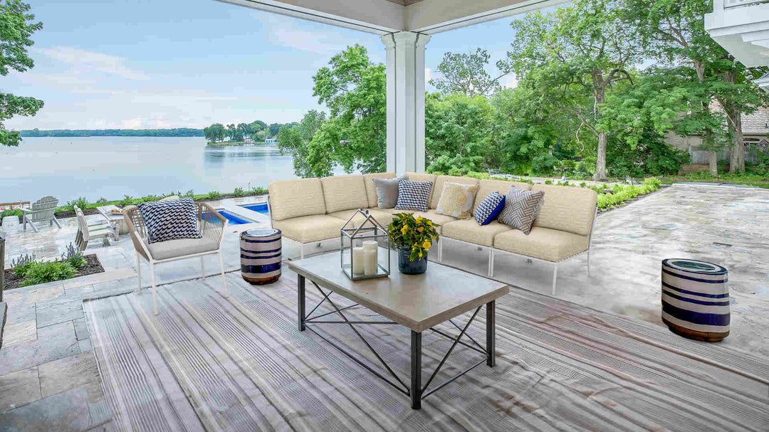 Lake view porch with IKEA Segeron sofa in Sunbrella Fretwork Flax and Performance Canvas Ash slipcover