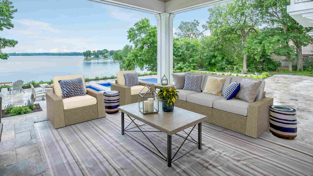 Lake view porch with IKEA Solleron sofa in Sunbrella Fretwork Flax and Performance Canvas Ash slipcover
