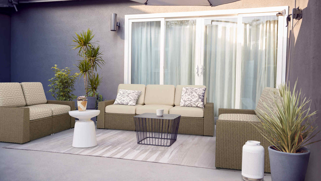Patio with IKEA Solleron sofa in Performance Knit Natural and Sunbrella Fretwork Pewter slipcover
