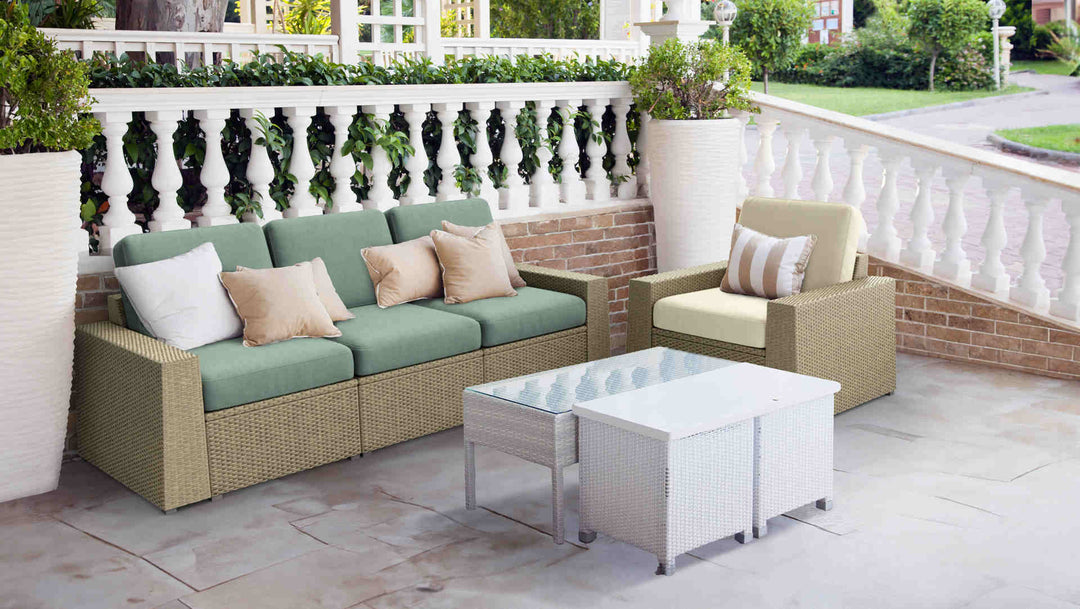 Patio with IKEA Solleron sofa in Performance Tweed Moss and Performance Knit Natural slipcover