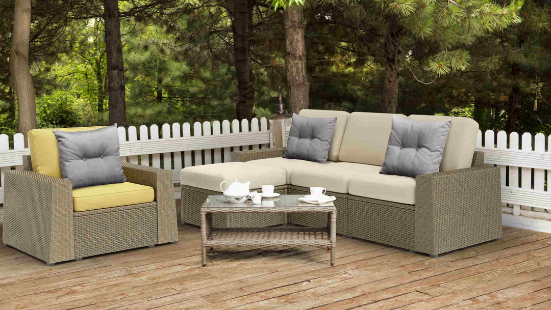 Balcony with IKEA Solleron sofa in Performance Tweed Amber and Performance Knit Natural slipcover