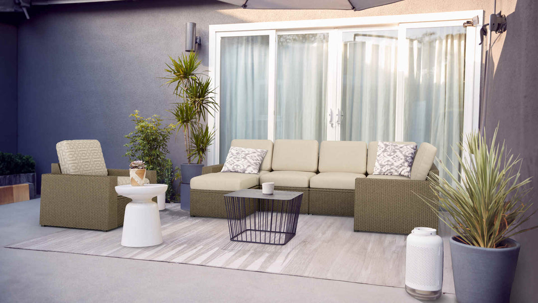 Patio with IKEA Solleron sofa in Performance Knit Natural and Sunbrella Fretwork Pewter slipcover