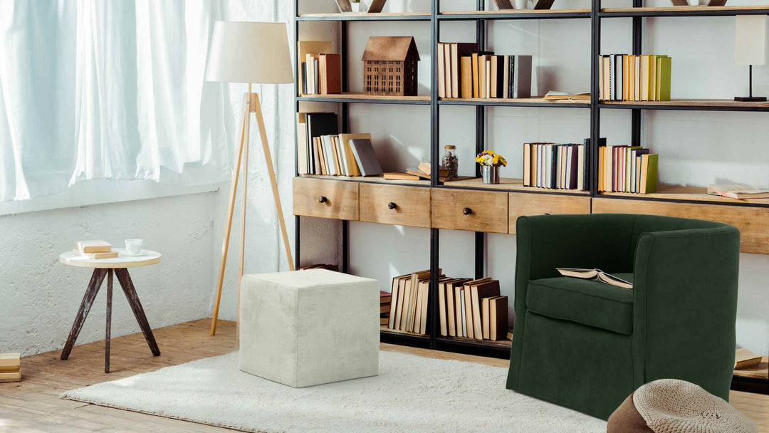 Study room with IKEA Solsta sofa in Classic Velvet Forest Green and Performance Weave Stone slipcover