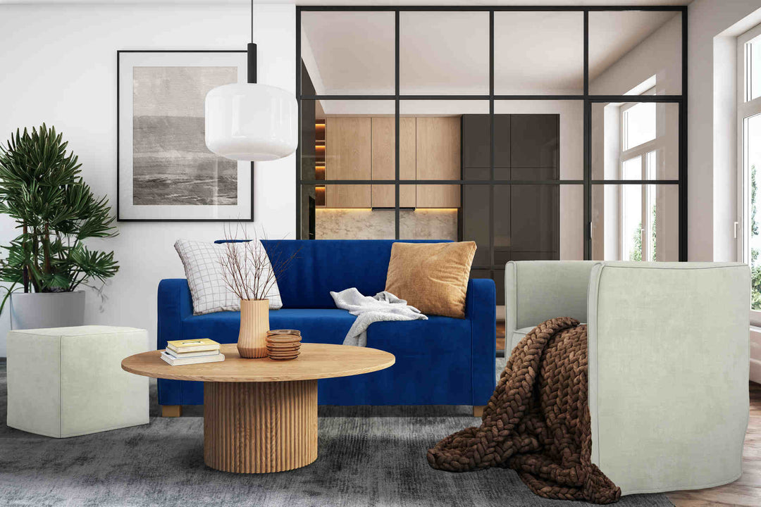 Modern living room with IKEA Solsta sofa in Classic Velvet Cobalt and Performance Weave Stone slipcover