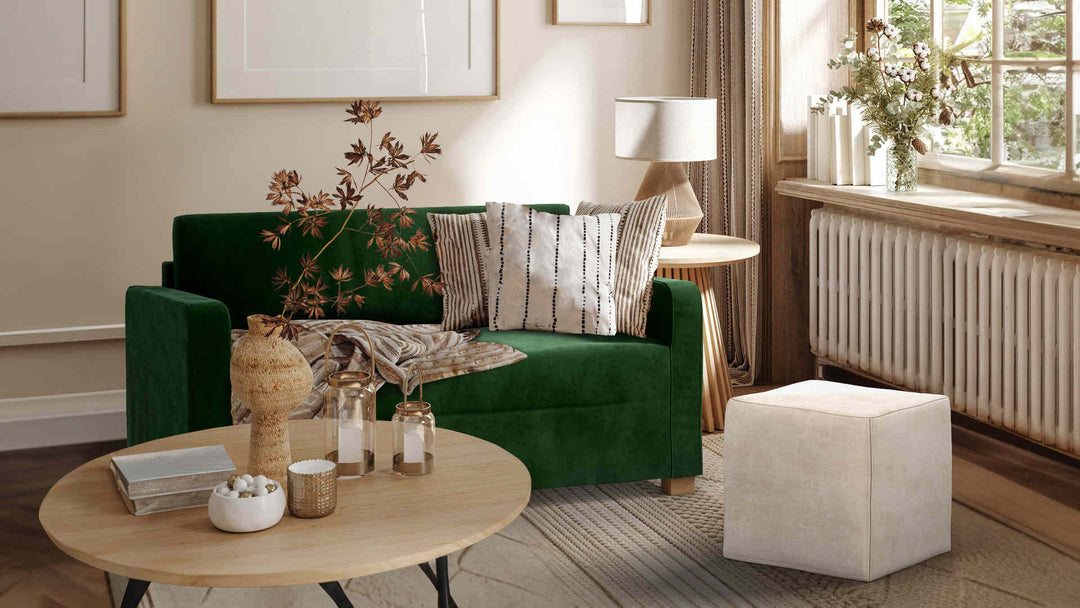 Nordic Minimalist living room with IKEA Solsta sofa in Classic Velvet Forest Green and Performance Weave Cream slipcover
