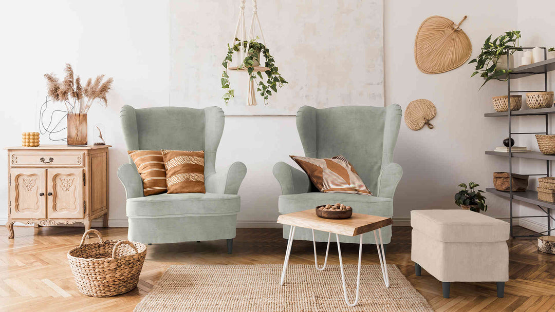 Scandinavian living room with IKEA Strandmon sofa in Performance Weave Stone and Performance Weave Cream slipcover