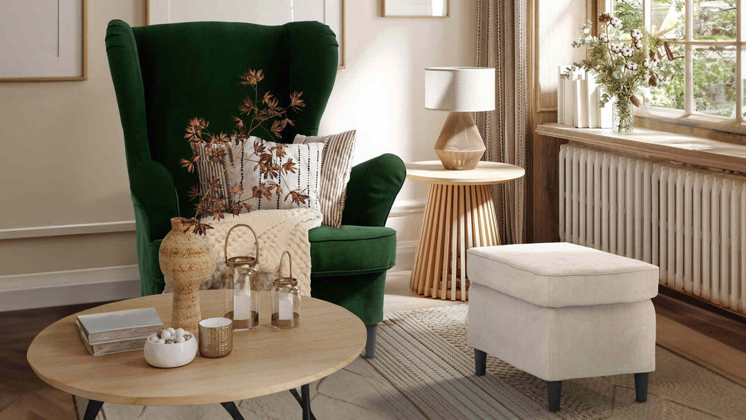 Nordic Minimalist living room with IKEA Strandmon sofa in Classic Velvet Forest Green and Performance Weave Cream slipcover