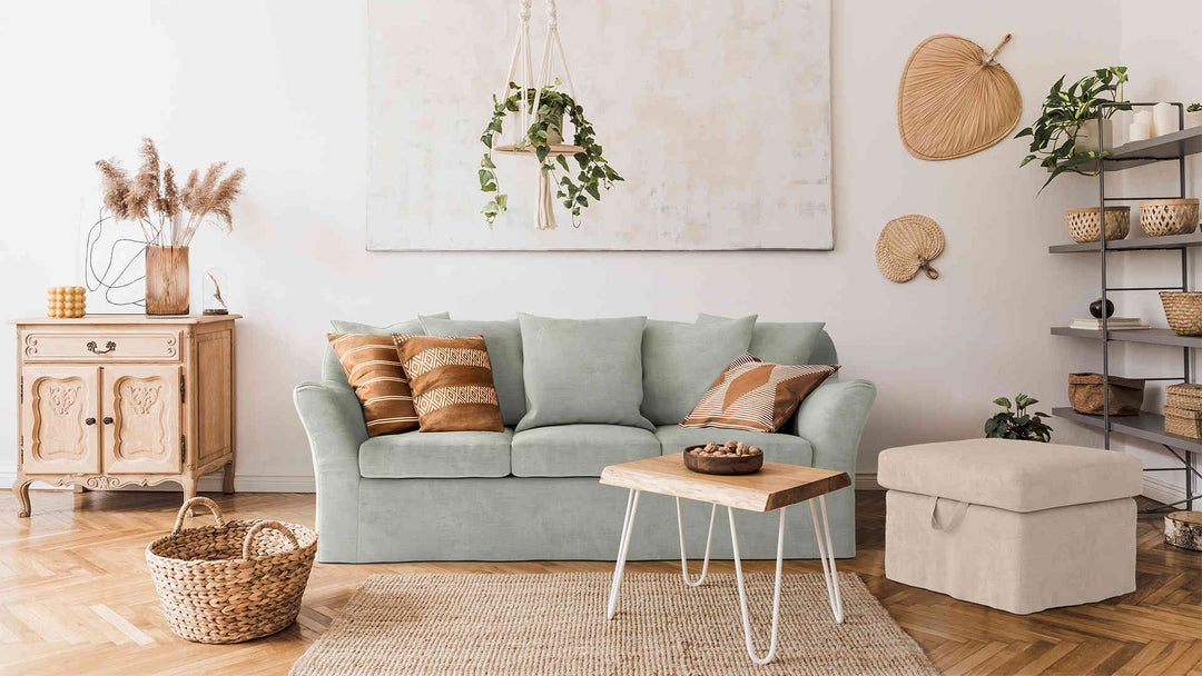 Scandinavian living room with IKEA Tomelilla sofa in Performance Weave Stone and Performance Weave Cream slipcover