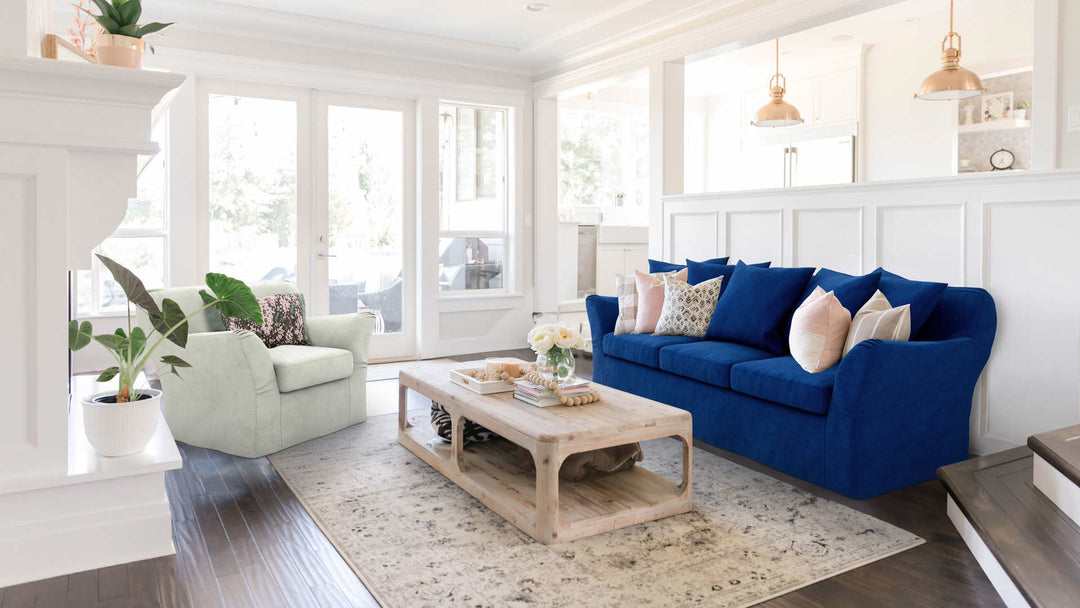 Modern Victorian living room with IKEA Tomelilla sofa in Classic Velvet Cobalt and Performance Weave Stone slipcover