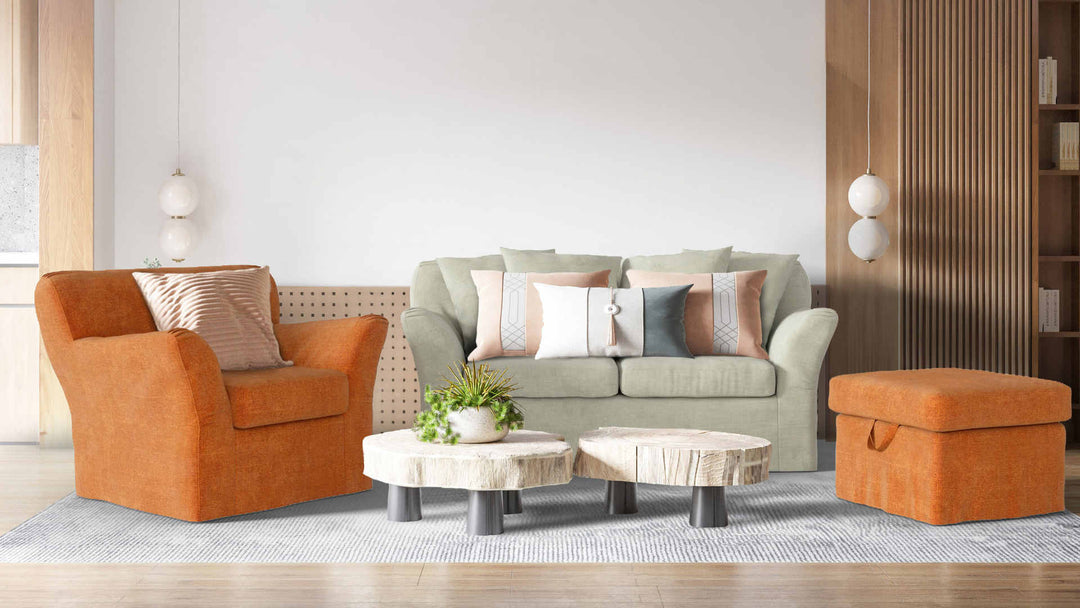 Modern living room with IKEA Tomelilla sofa in Performance Weave Stone and Comfort Chenille Burnt Orange slipcover