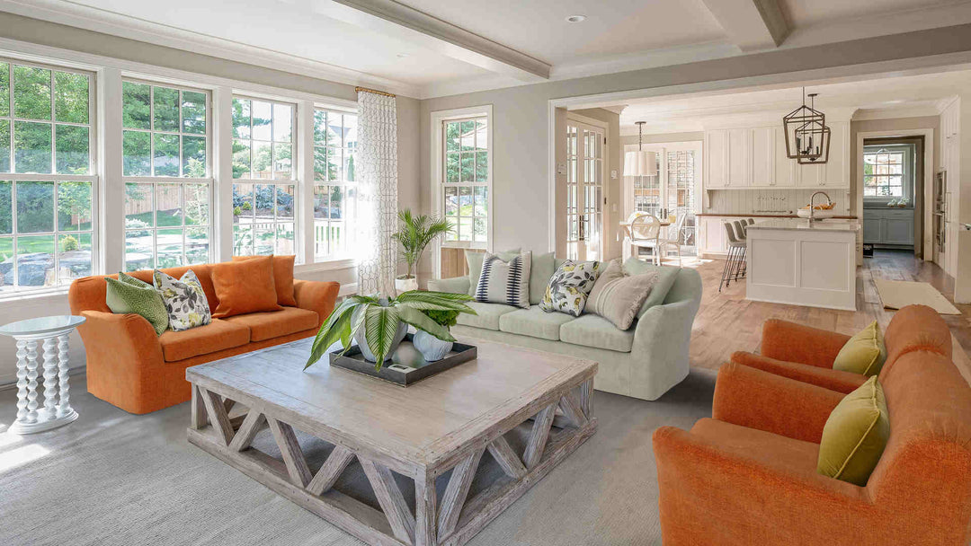 Rustic living room with IKEA Tomelilla sofa in Comfort Chenille Burnt Orange and Performance Weave Stone slipcover