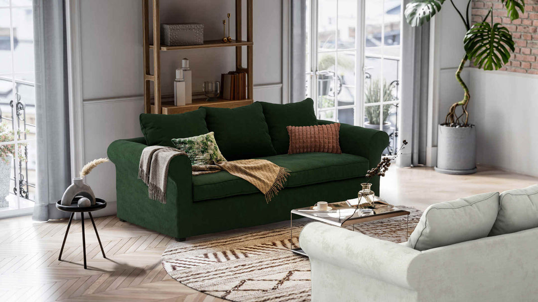 Nordic Minimalist living room with IKEA Varnamo sofa in Performance Weave Stone and Classic Velvet Forest Green slipcover