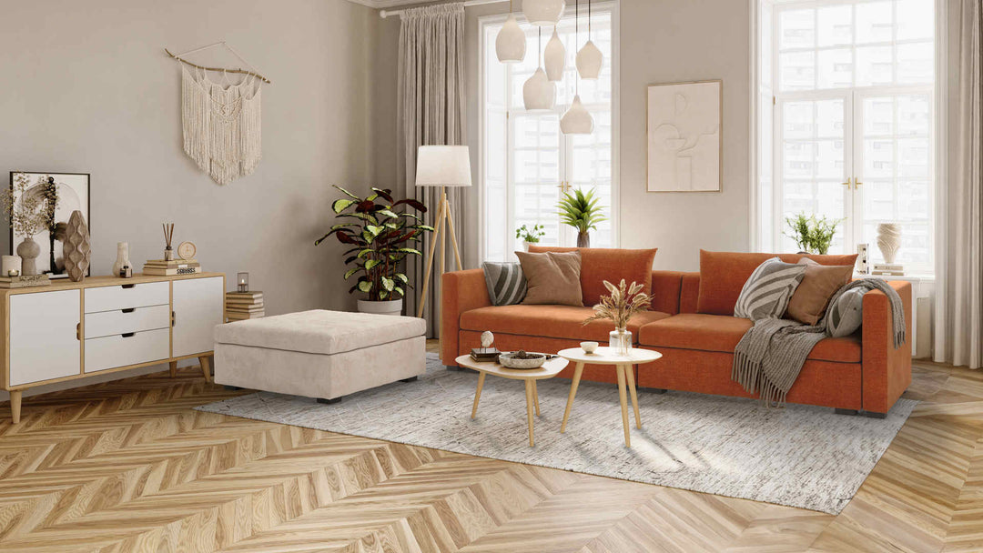 Scandinavian living room with IKEA Vaxholm sofa in Performance Weave Cream and Comfort Chenille Burnt Orange slipcover