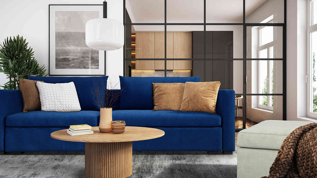 Modern living room with IKEA Vaxholm sofa in Classic Velvet Cobalt and Performance Weave Stone slipcover