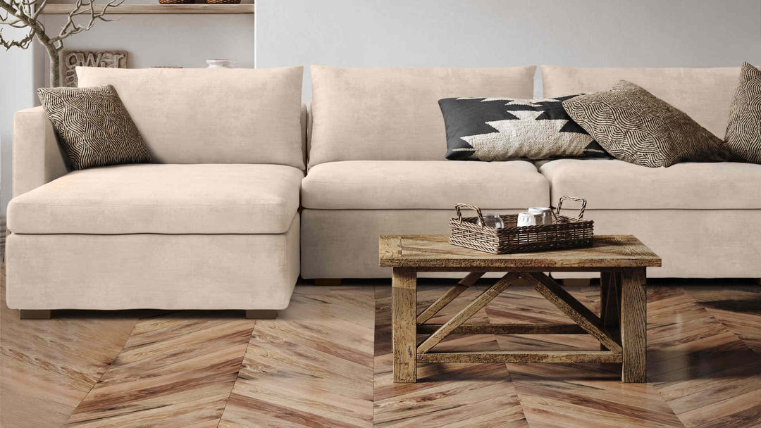 Rustic living room with IKEA Vaxholm sofa in Performance Weave Cream slipcover