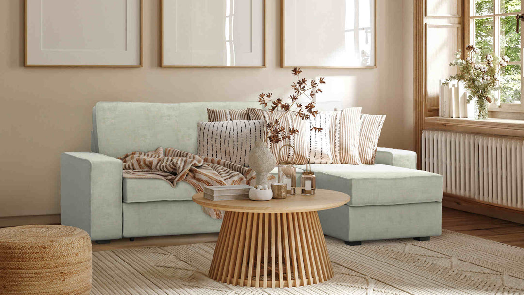 Nordic Minimalist living room with IKEA Vilasund sofa in Performance Weave Stone slipcover