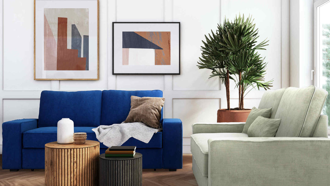 Modern Victorian living room with IKEA Vilasund sofa in Classic Velvet Cobalt and Performance Weave Stone slipcover