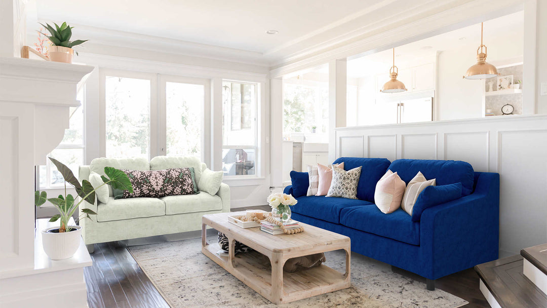 Modern Victorian living room with IKEA Vinliden sofa in Classic Velvet Cobalt and Performance Weave Stone slipcover