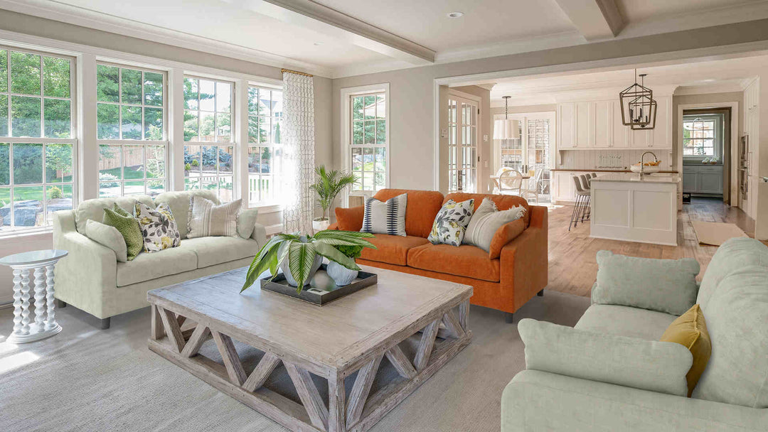 Rustic living room with IKEA Vinliden sofa in Comfort Chenille Burnt Orange and Performance Weave Stone slipcover