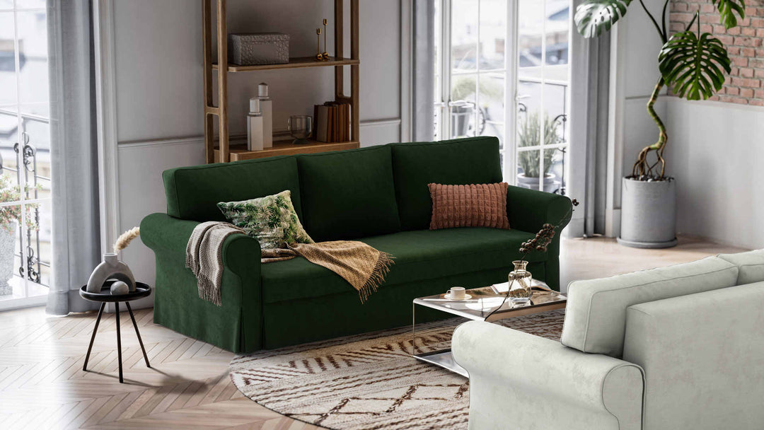 Nordic Minimalist living room with IKEA Vretstorp sofa in Performance Weave Stone and Classic Velvet Forest Green slipcover