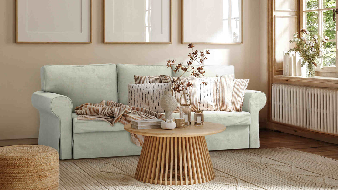 Nordic Minimalist living room with IKEA Vretstorp sofa in Performance Weave Stone slipcover