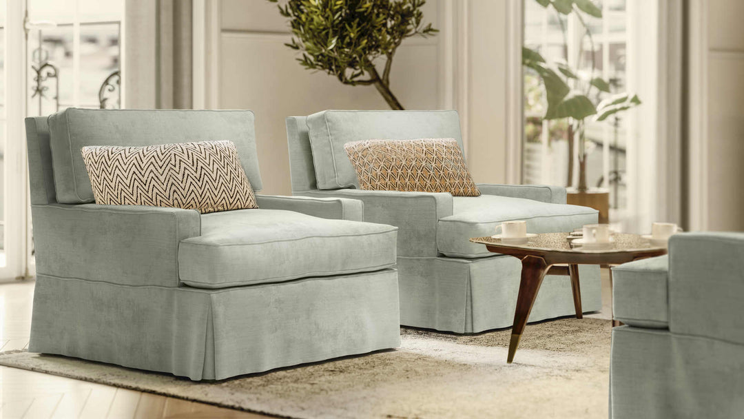 Scandinavian living room with Pottery Barn Seabury sofa in Performance Weave Stone slipcover