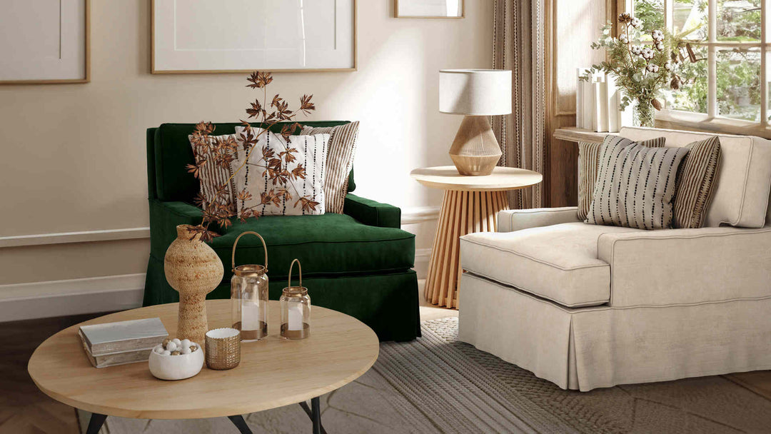 Nordic Minimalist living room with Pottery Barn Seabury sofa in Classic Velvet Forest Green and Performance Weave Cream slipcover