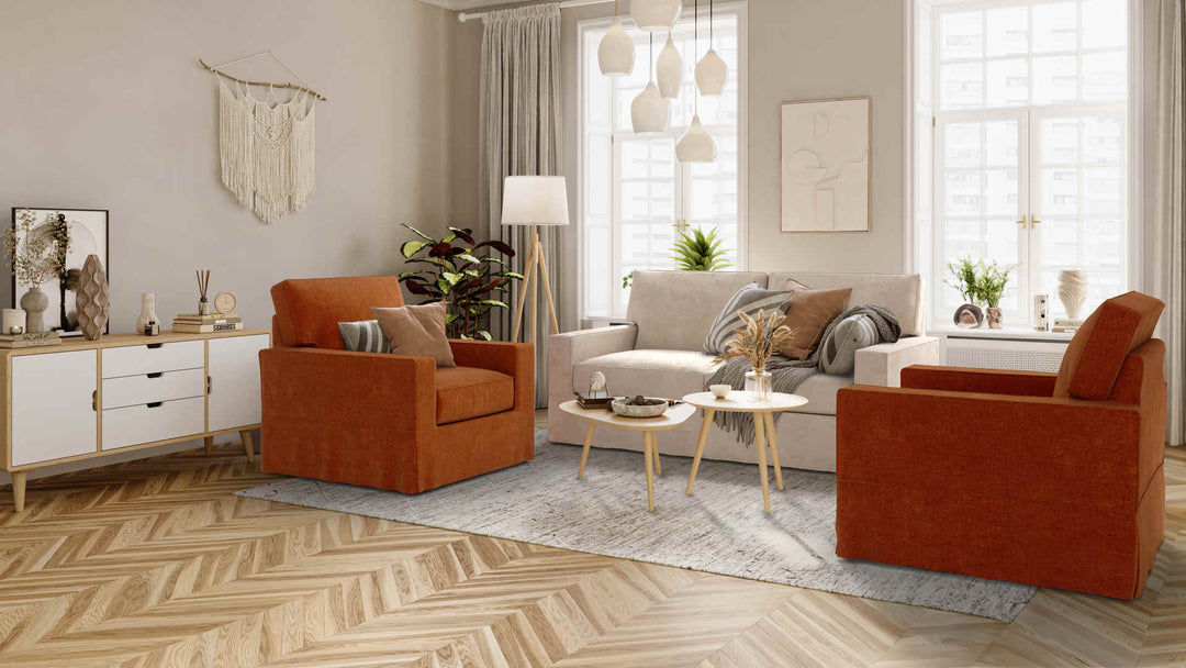 Scandinavian living room with Pottery Barn Comfort Square Arm sofa in Performance Weave Cream and Comfort Chenille Burnt Orange slipcover