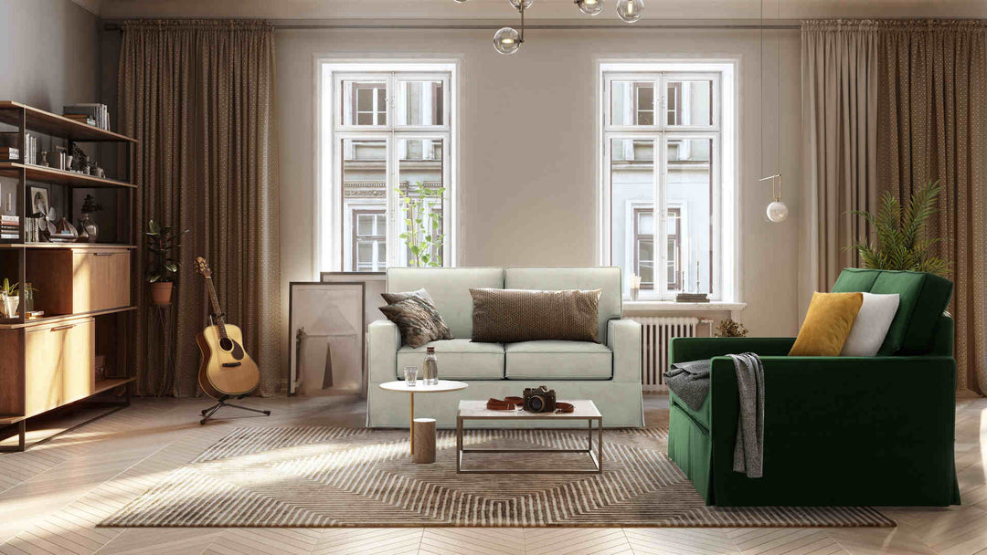 Scandinavian living room with Pottery Barn Comfort Square Arm sofa in Classic Velvet Forest Green and Performance Weave Stone slipcover