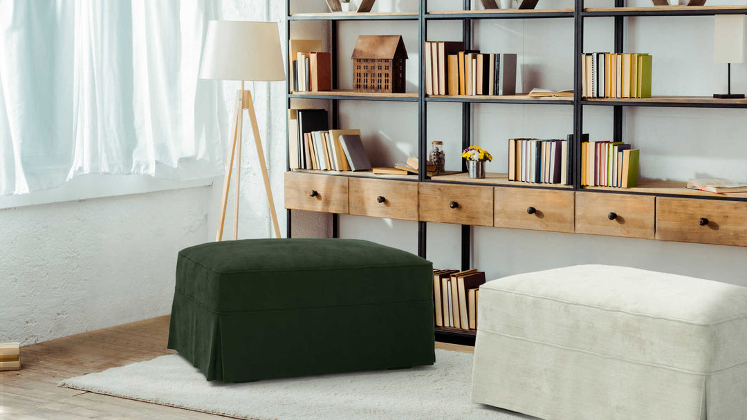 Study room with Pottery Barn Comfort sofa in Classic Velvet Forest Green and Performance Weave Stone slipcover