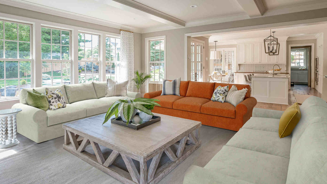 Rustic living room with Pottery Barn Turner Roll Arm sofa in Comfort Chenille Burnt Orange and Performance Weave Stone slipcover