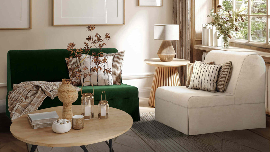 Nordic Minimalist living room with IKEA Lycksele sofa in Classic Velvet Forest Green and Performance Weave Cream slipcover