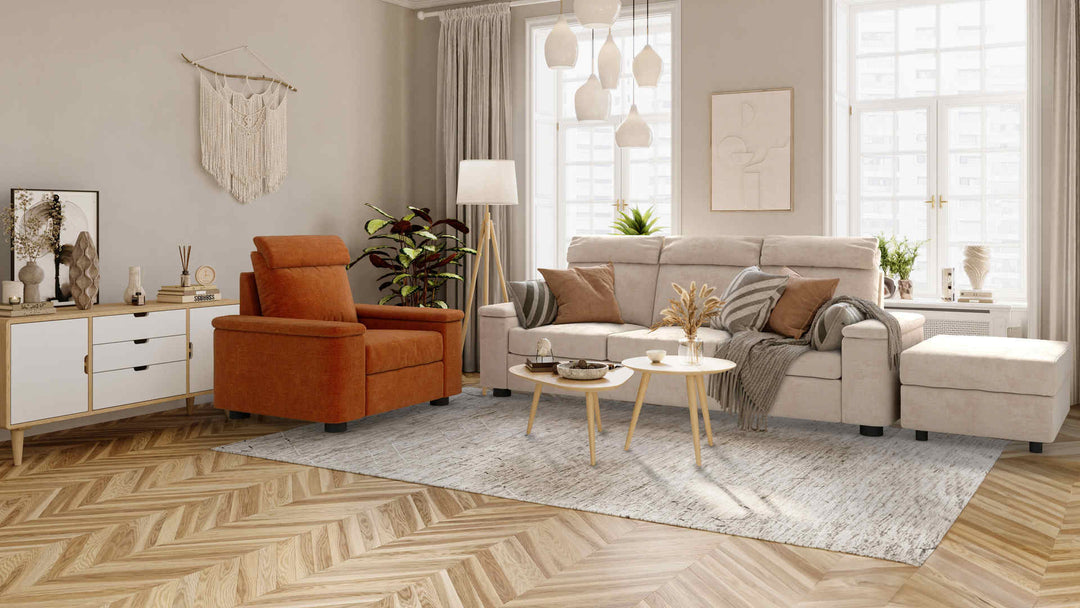 Scandinavian living room with IKEA Lidhult sofa in Performance Weave Cream and Comfort Chenille Burnt Orange slipcover