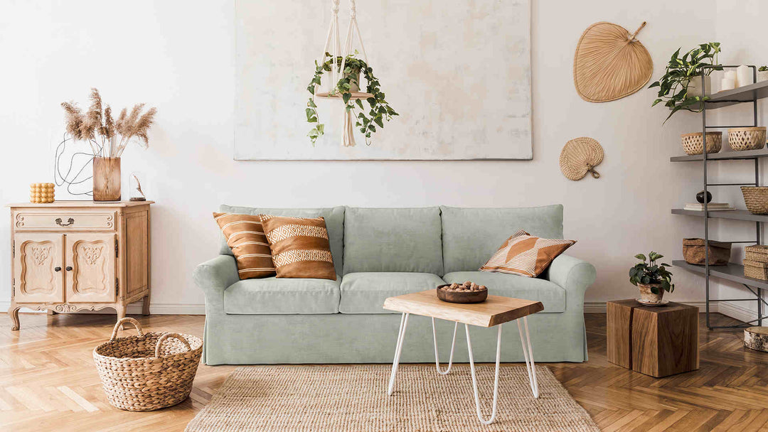 Scandinavian living room with Crate and Barrel Potomac sofa in Performance Weave Stone slipcover