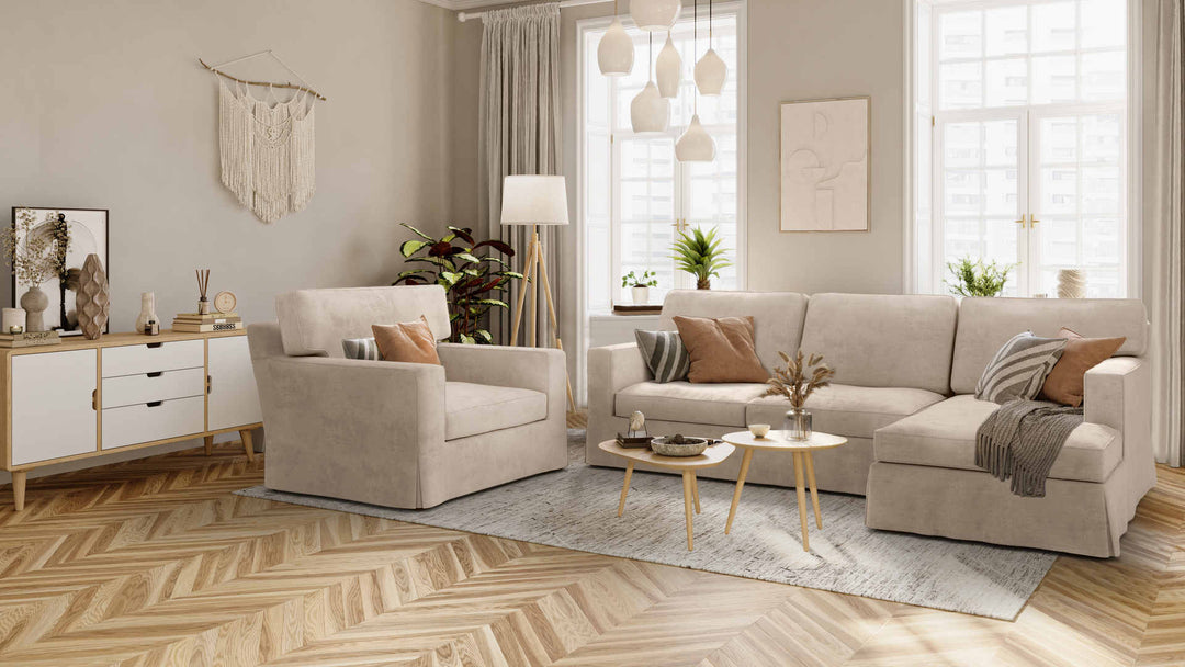 Scandinavian living room with Crate and Barrel Axis II sofa in Performance Weave Cream slipcover