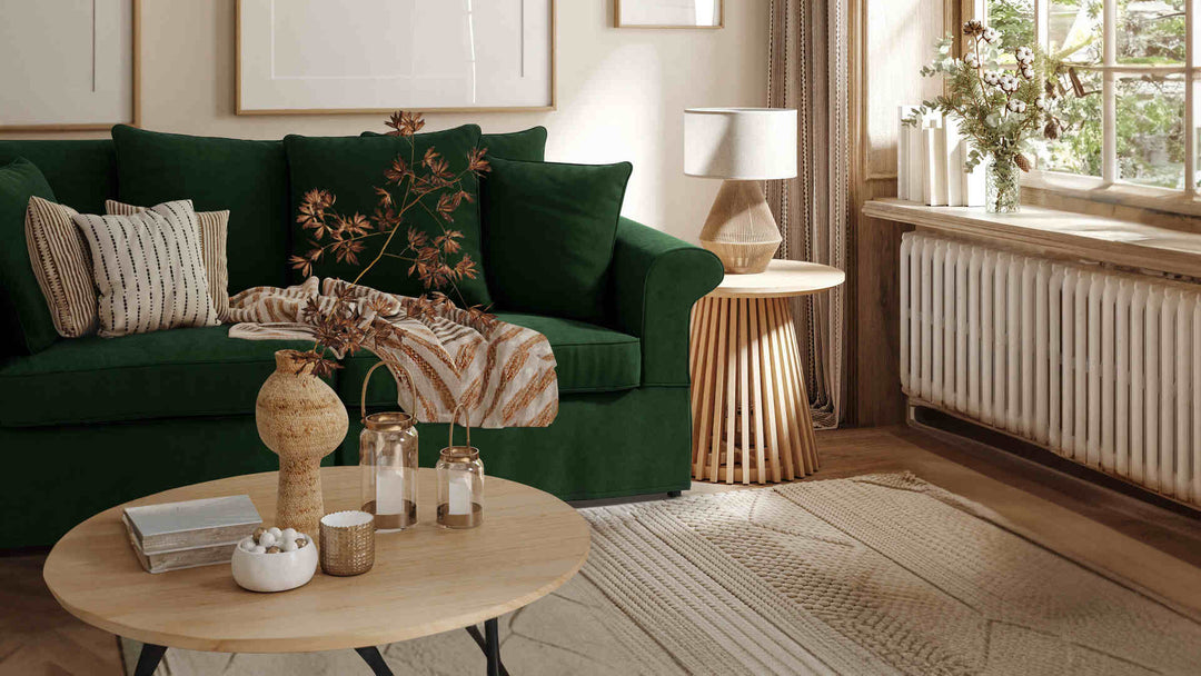 Nordic Minimalist living room with Crate and Barrel Bloomsbury sofa in Classic Velvet Forest Green slipcover