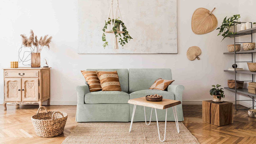 Scandinavian living room with Crate and Barrel Bayside sofa in Performance Weave Stone slipcover