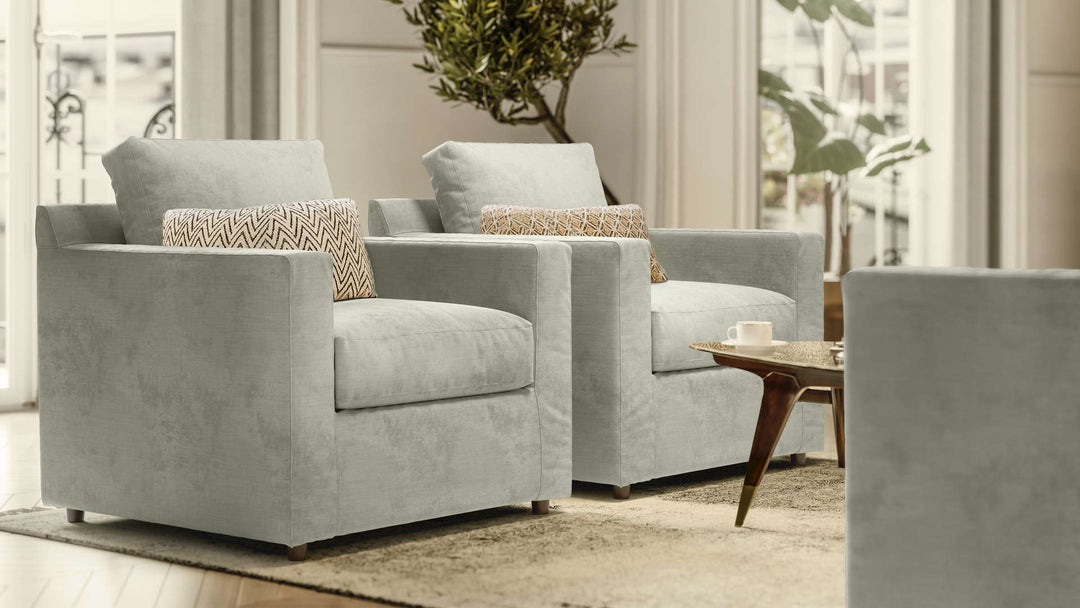 Scandinavian living room with Crate and Barrel Barrett sofa in Performance Weave Stone slipcover