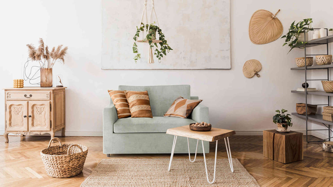 Scandinavian living room with Crate and Barrel Barrett sofa in Performance Weave Stone slipcover