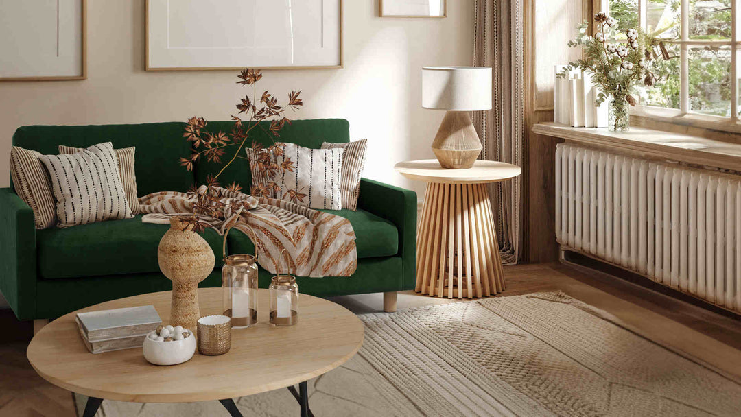 Nordic Minimalist living room with Muji Slim Arm Sofa in Classic Velvet Forest Green slipcover