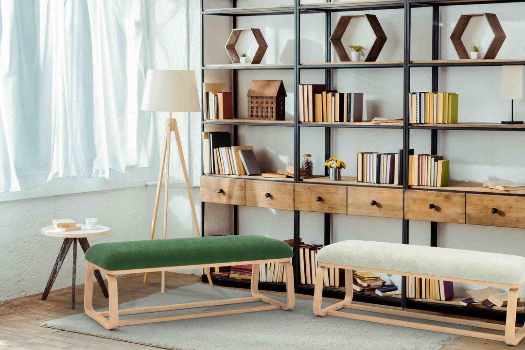 Study room with Muji Living & Dining Room bench sofa in Classic Velvet Forest Green and Performance Weave Stone slipcover